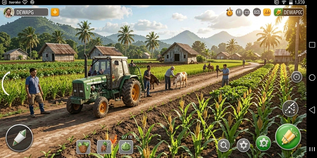 Screenshot gameplay DEWAPG menampilkan ladang hijau yang subur dengan berbagai tanaman.