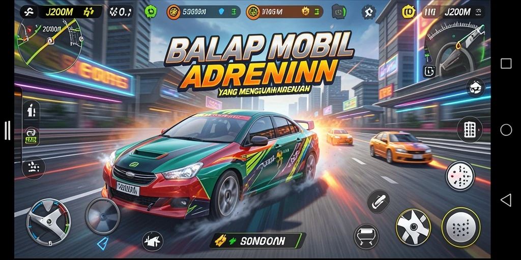Gameplay J200M yang mendebarkan dengan mobil balap di lintasan.