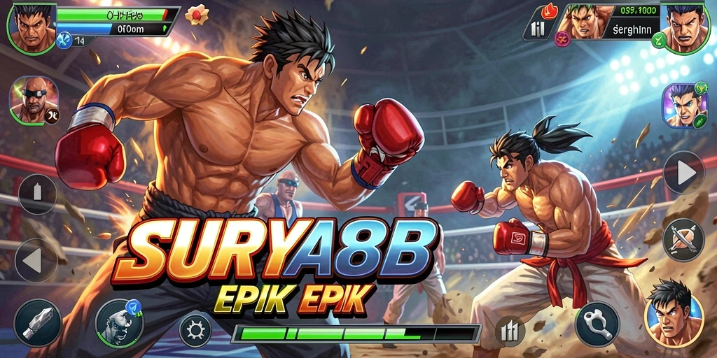 Screenshot utama SURYA88 menampilkan aksi pertarungan yang seru.