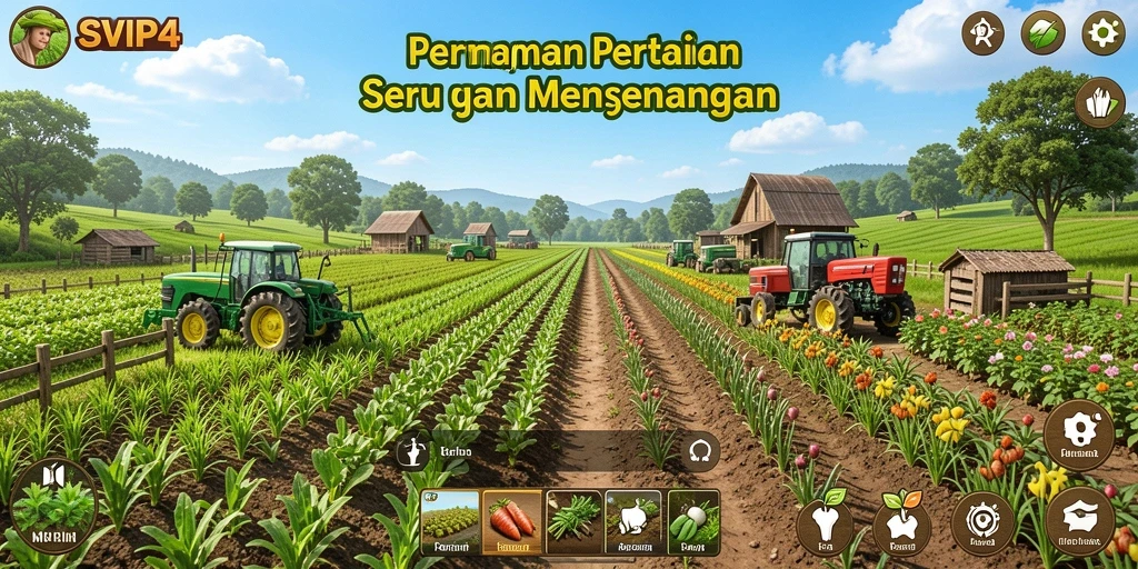 Screenshot gameplay SVIP4 yang menunjukkan tanaman subur dan hewan ternak.