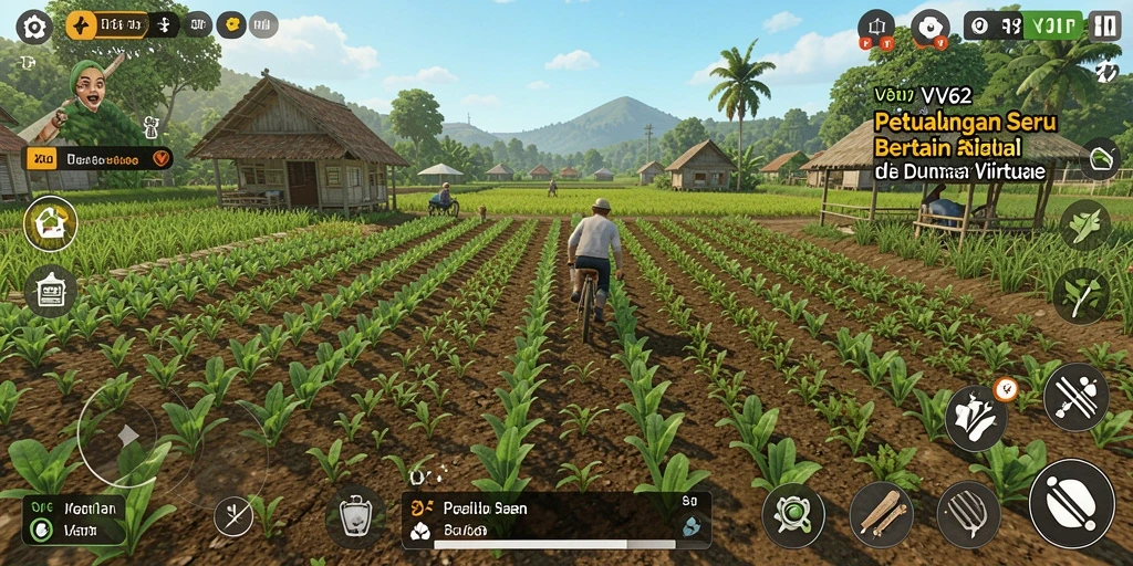 Tampilan gameplay VV62 dengan ladang yang subur dan penuh tanaman.